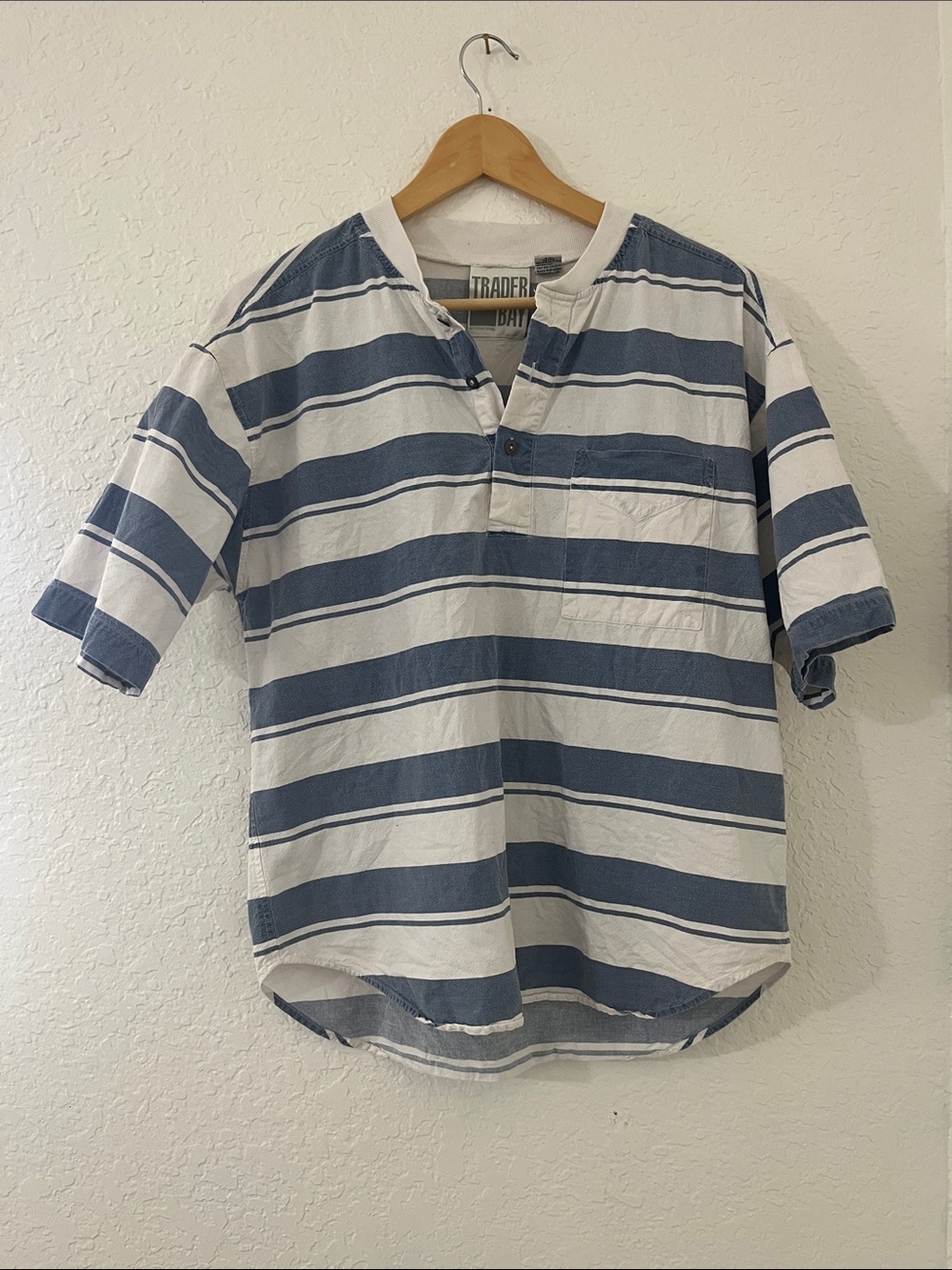 Trader Bay Blue and White Striped Short Sleeve Henley Tee